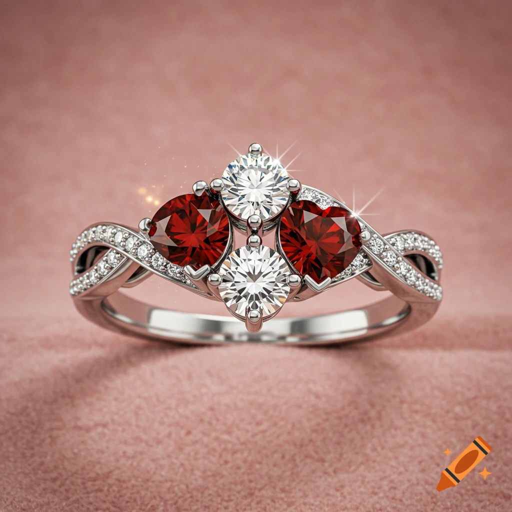 A silver ring featuring two heart-shaped red garnets, two round-cut white diamonds, and a pav-set diamond infinity band, set on a pink background.