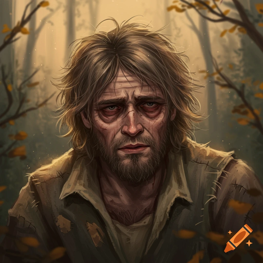 A weary, bearded man with shaggy brown hair and tired, red-rimmed eyes, depicted in an illustrative style within a forest setting.