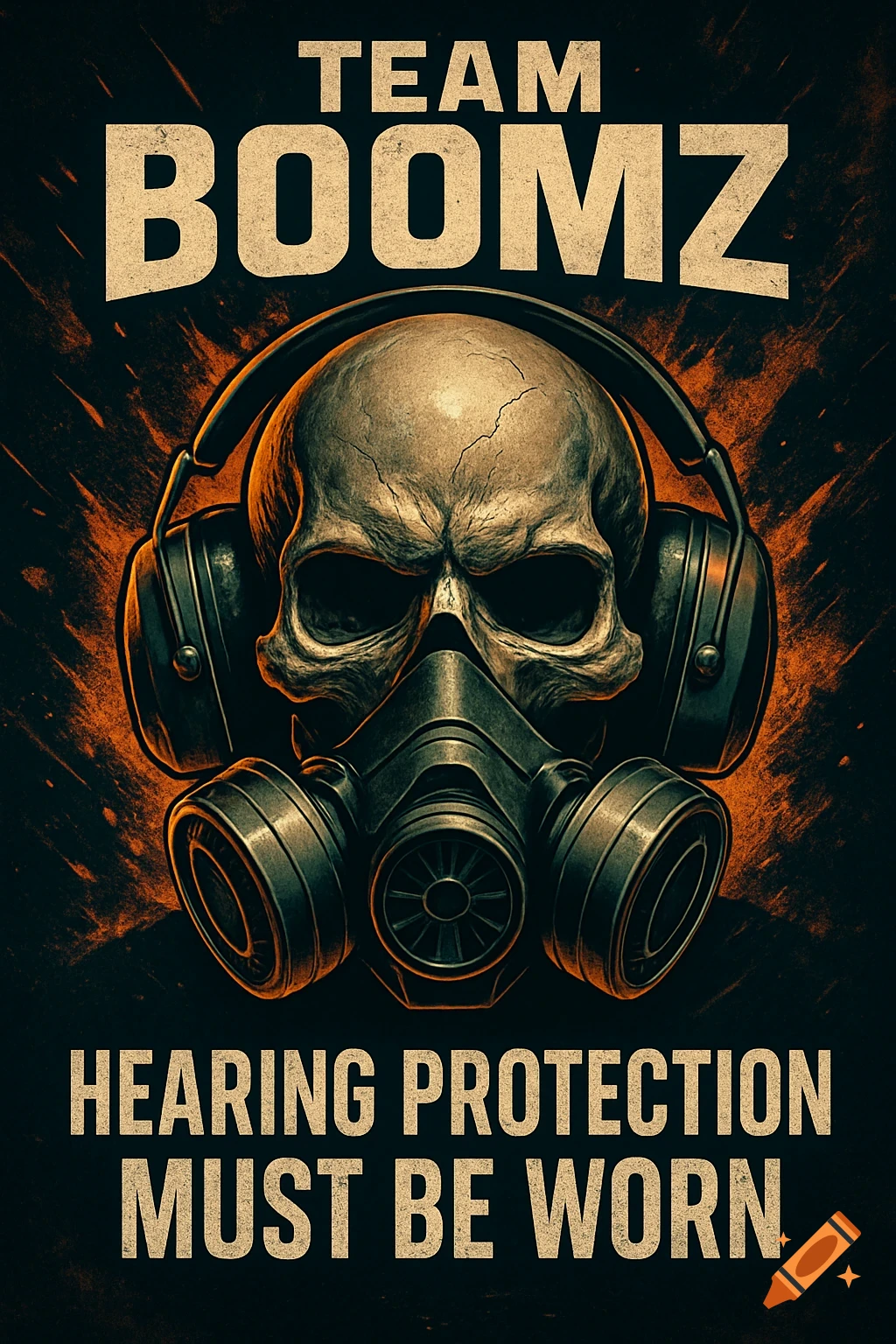 Stylized illustration of a skull wearing headphones and a gas mask, with the text 'TEAM BOOMZ' and 'HEARING PROTECTION MUST BE WORN' on a dark, grunge background.