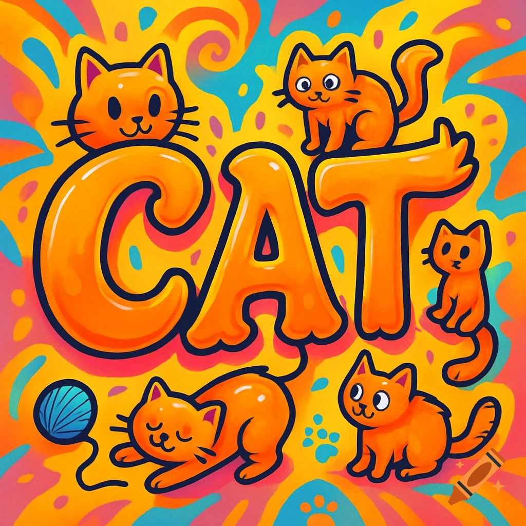 Vibrant cartoon illustration with the word CAT in large orange bubble letters, surrounded by playful orange cats.