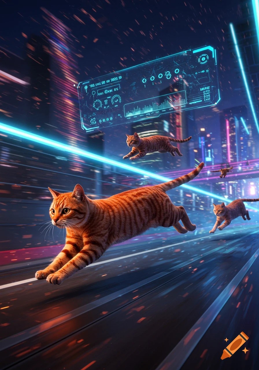 Orange tabby cats race through a neon-lit futuristic city with a holographic display overhead.