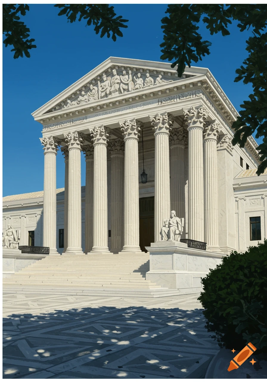 An illustration of the Supreme Court Building under a clear blue sky, with trees framing the top.