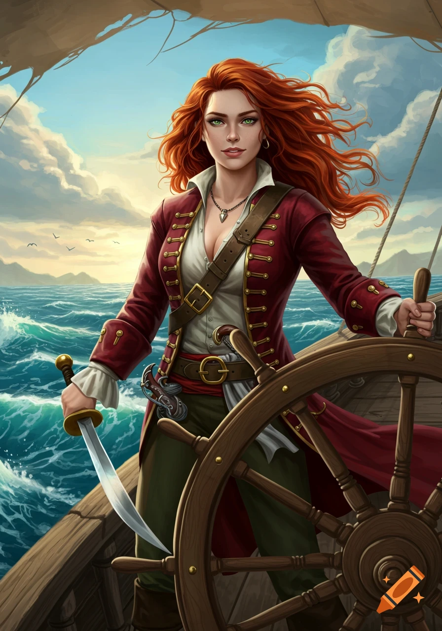 A vibrant illustration of a red-haired female pirate in a red coat holding a sword and steering a ship on a stormy sea.
