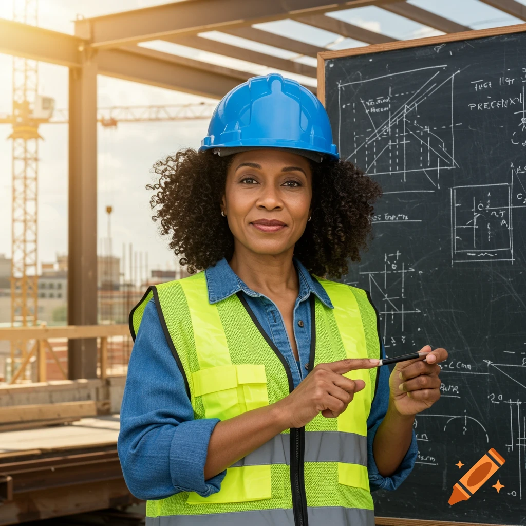 African American woman in a blue hard hat and safety vest standing in front of a chalkboard with diagrams at a construction site.