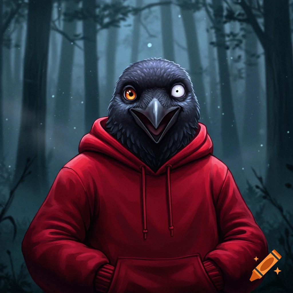 An illustrated raven in a red hoodie with a wide smile and mismatched orange and white eyes stands in a dark, misty forest.