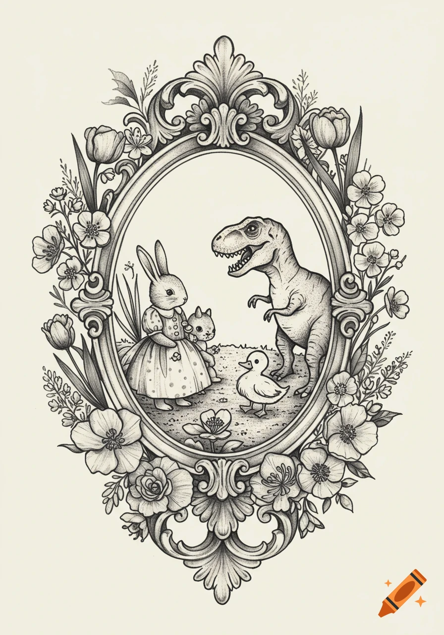Black and white illustration of a bunny, duckling, and T-Rex inside an ornate floral oval frame.