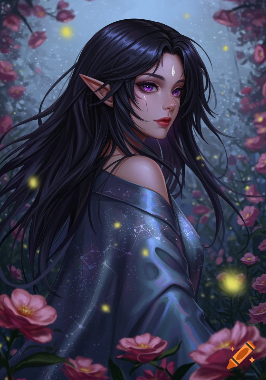 An anime fantasy portrait of a half-elf girl with long black hair and striking purple eyes, wearing a cloak adorned with stars, surrounded by pink flowers in a mystical forest setting.