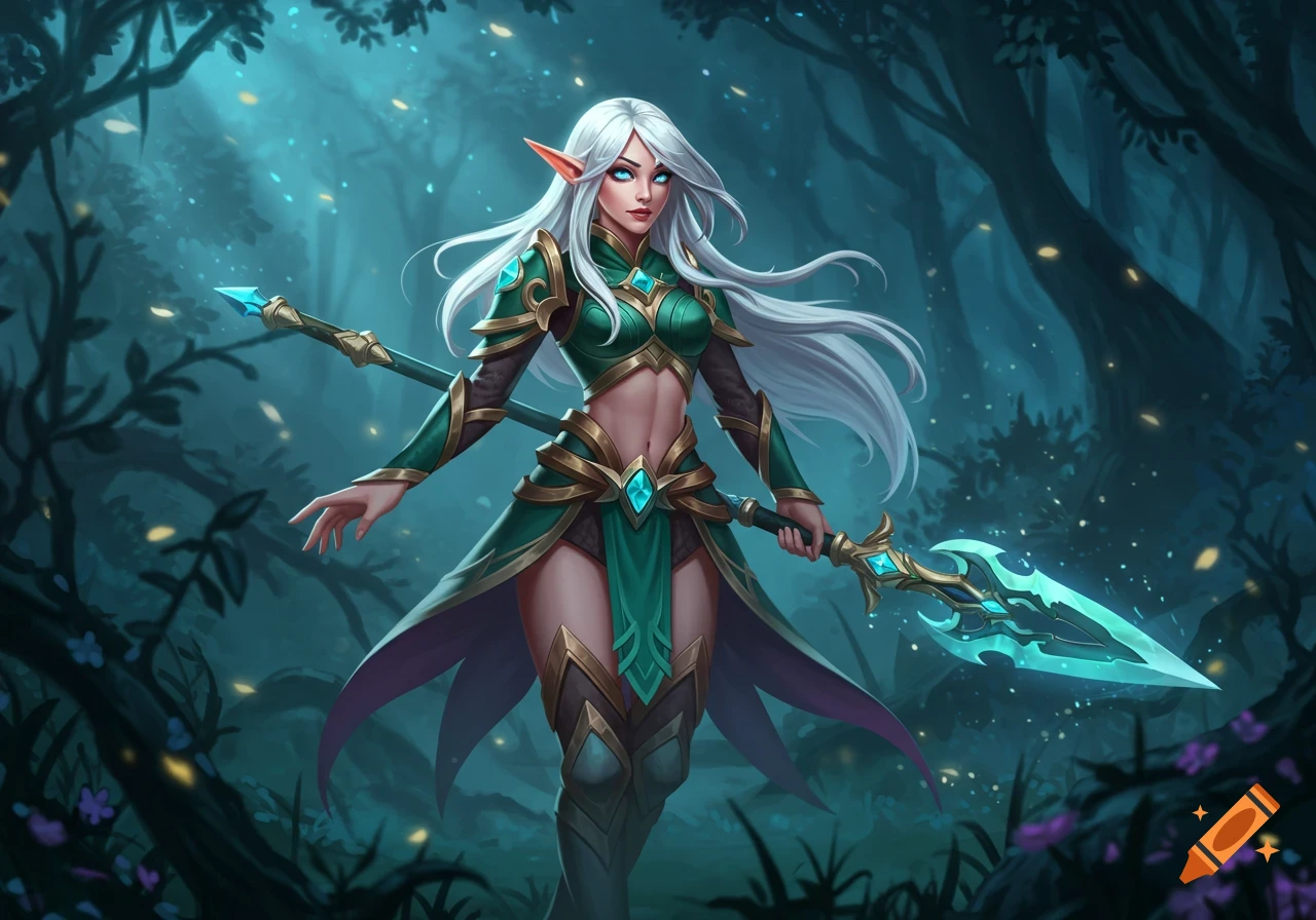 A white-haired female elf in green and gold fantasy armor holds a glowing spear in a mystical forest.