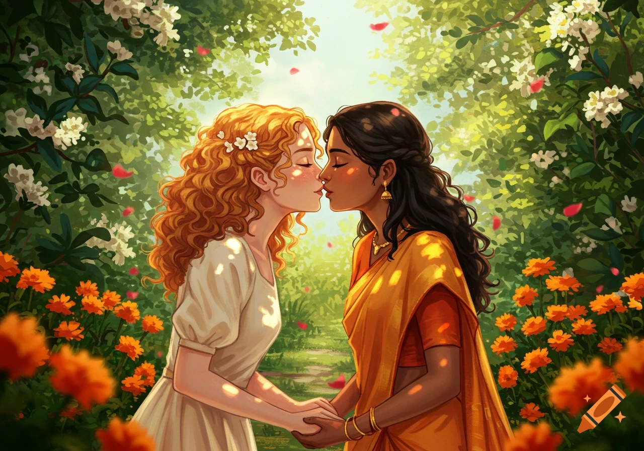 Two women with different hair colors kiss and hold hands in a sunny, flower-filled garden in an illustrative style.