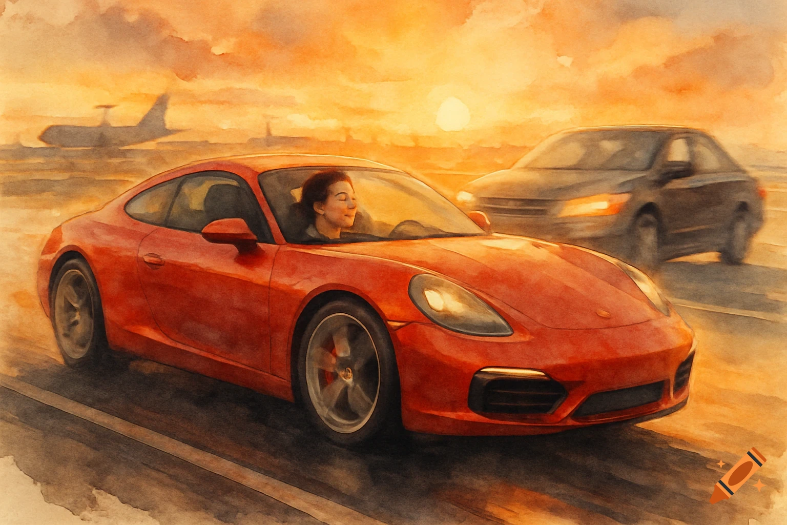 A woman drives a red sports car on a highway at sunset in a watercolor painting style.