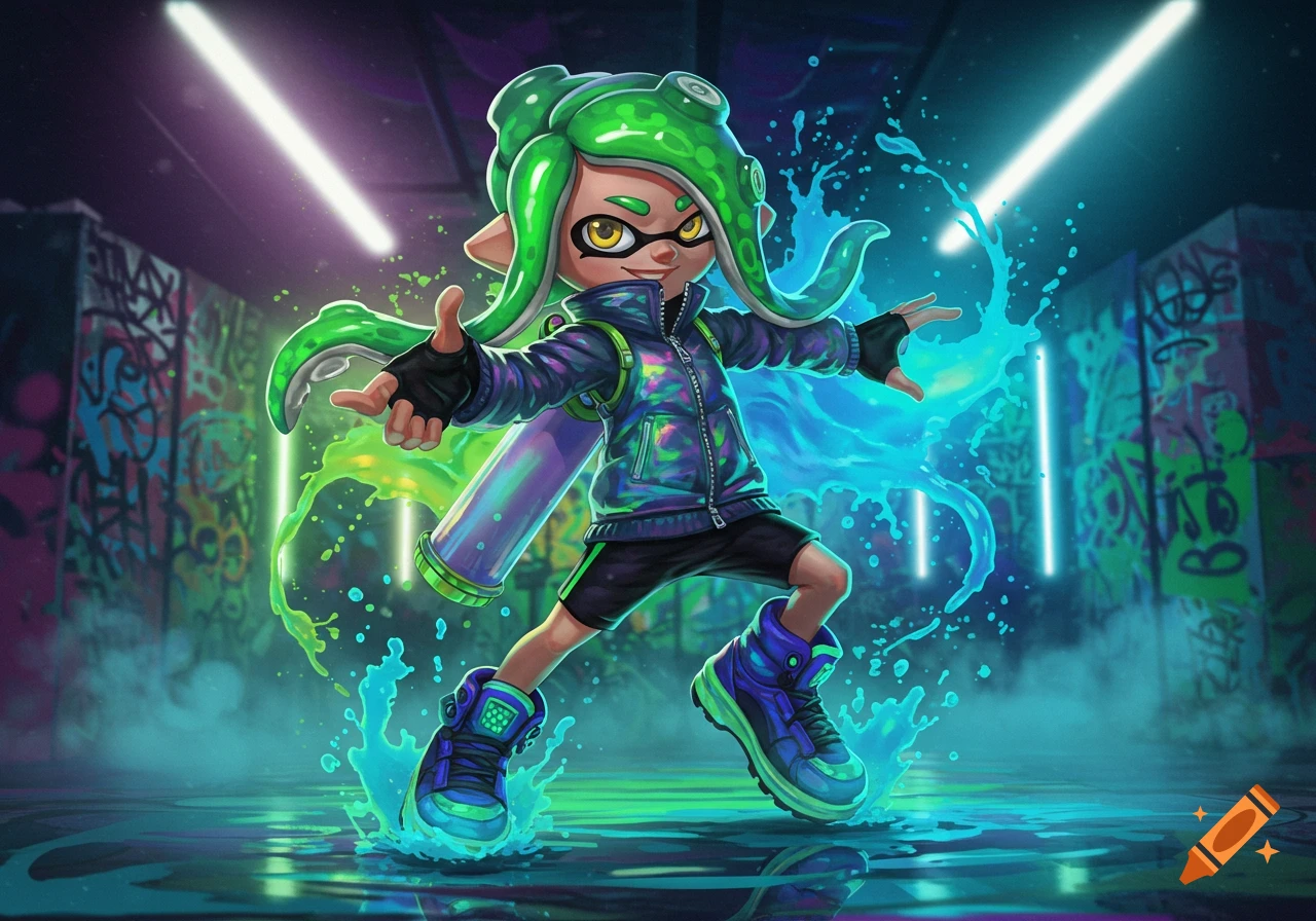 A vibrant illustrated Splatoon character with green tentacles splashes ink in a graffiti-covered alley lit by neon glow.