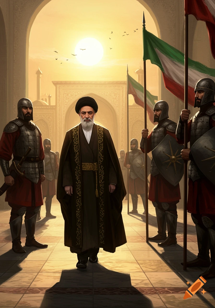 An Iranian leader in a black robe walks between armored soldiers holding flags in an arched city street at sunset.