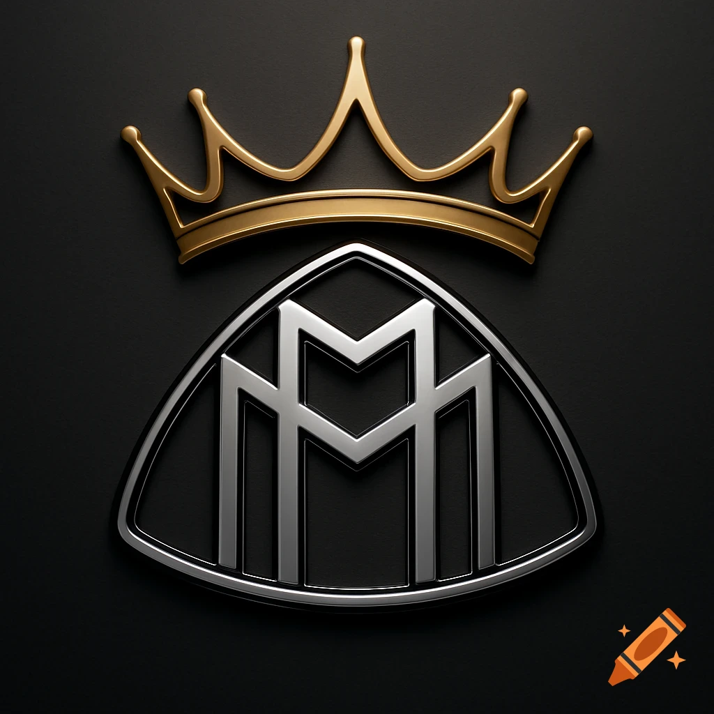 A metallic silver and black Maybach MM logo, shaped like a triangle, is topped by a glossy golden crown, all set against a dark background.