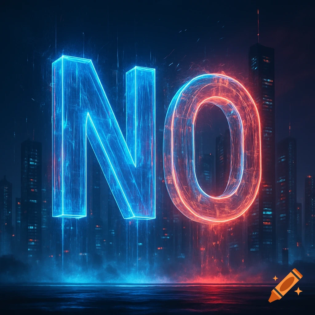 Large glowing blue 'N' and red 'O' letters hover over a futuristic city at night.