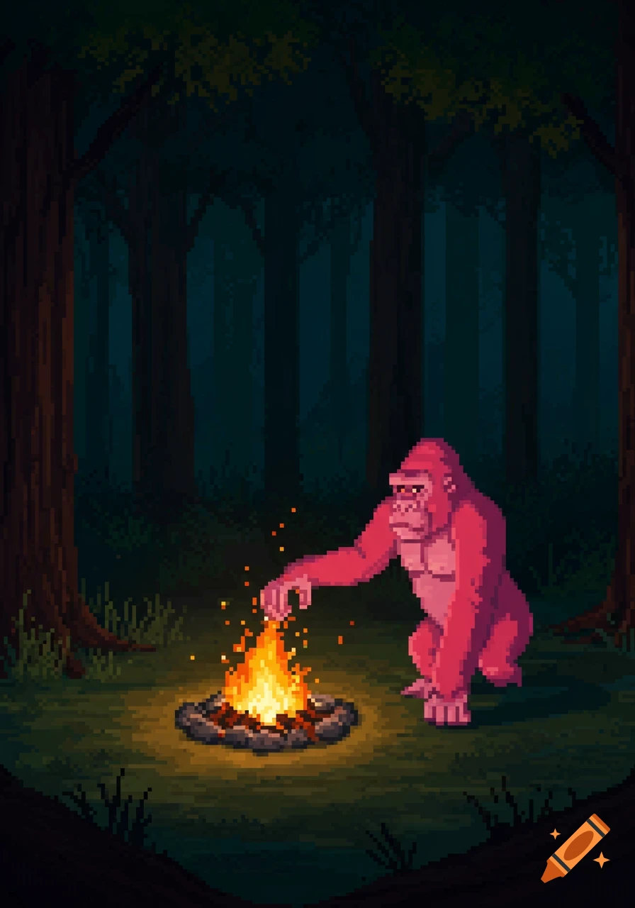 A pink pixelated gorilla tends a brightly glowing campfire in a dark, pixelated forest.