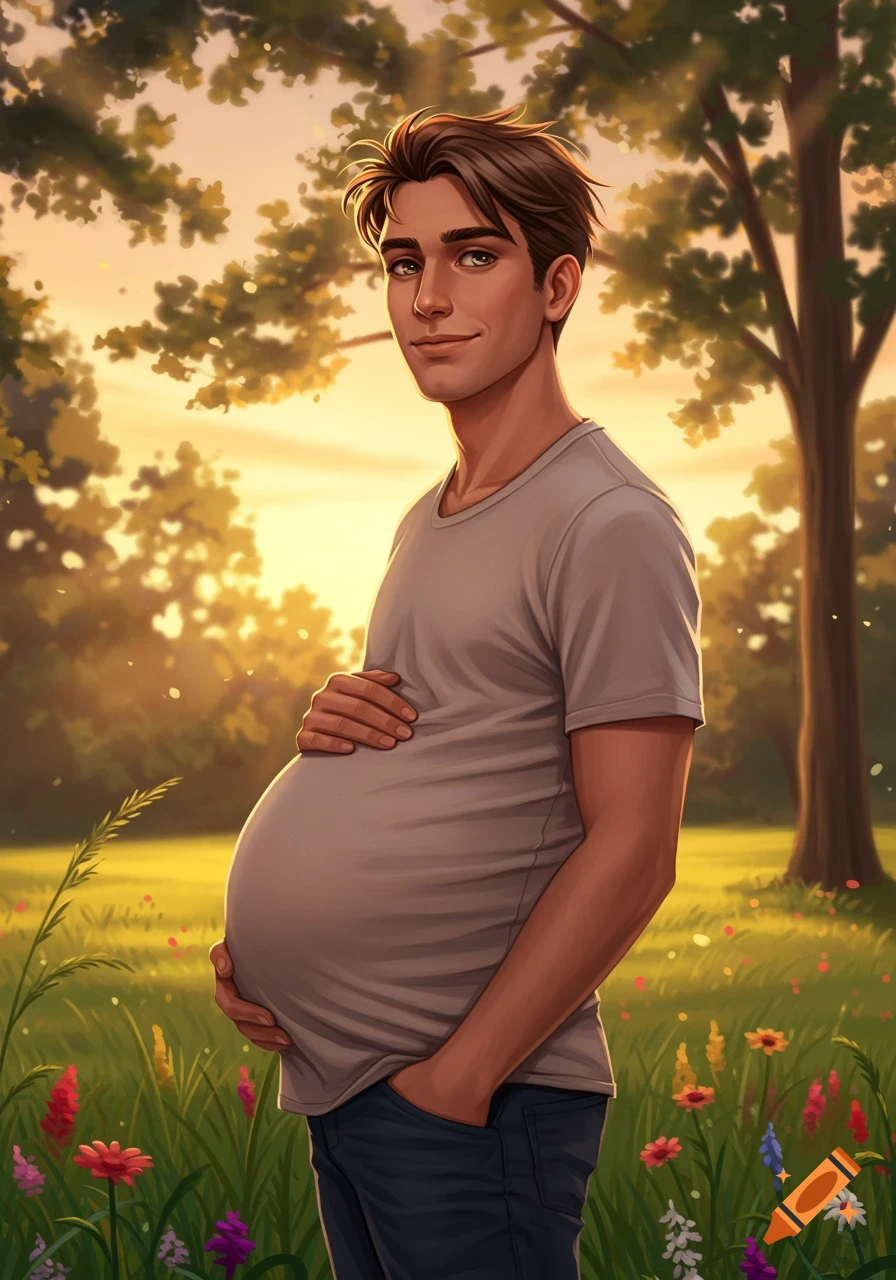 Stylized portrait of a smiling pregnant man standing in a sunlit field with trees and flowers.
