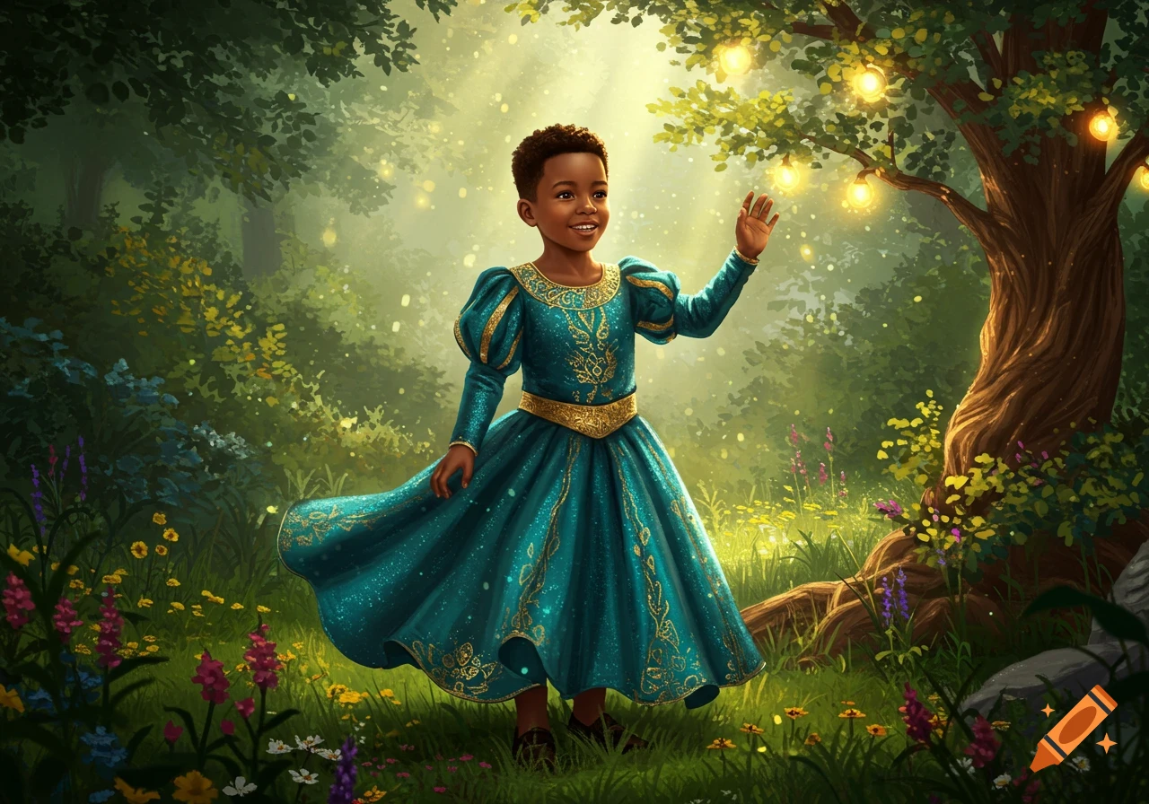 A smiling young Black child in a teal, ornate dress stands in a magical forest with glowing lights on a tree, in an illustrative style.