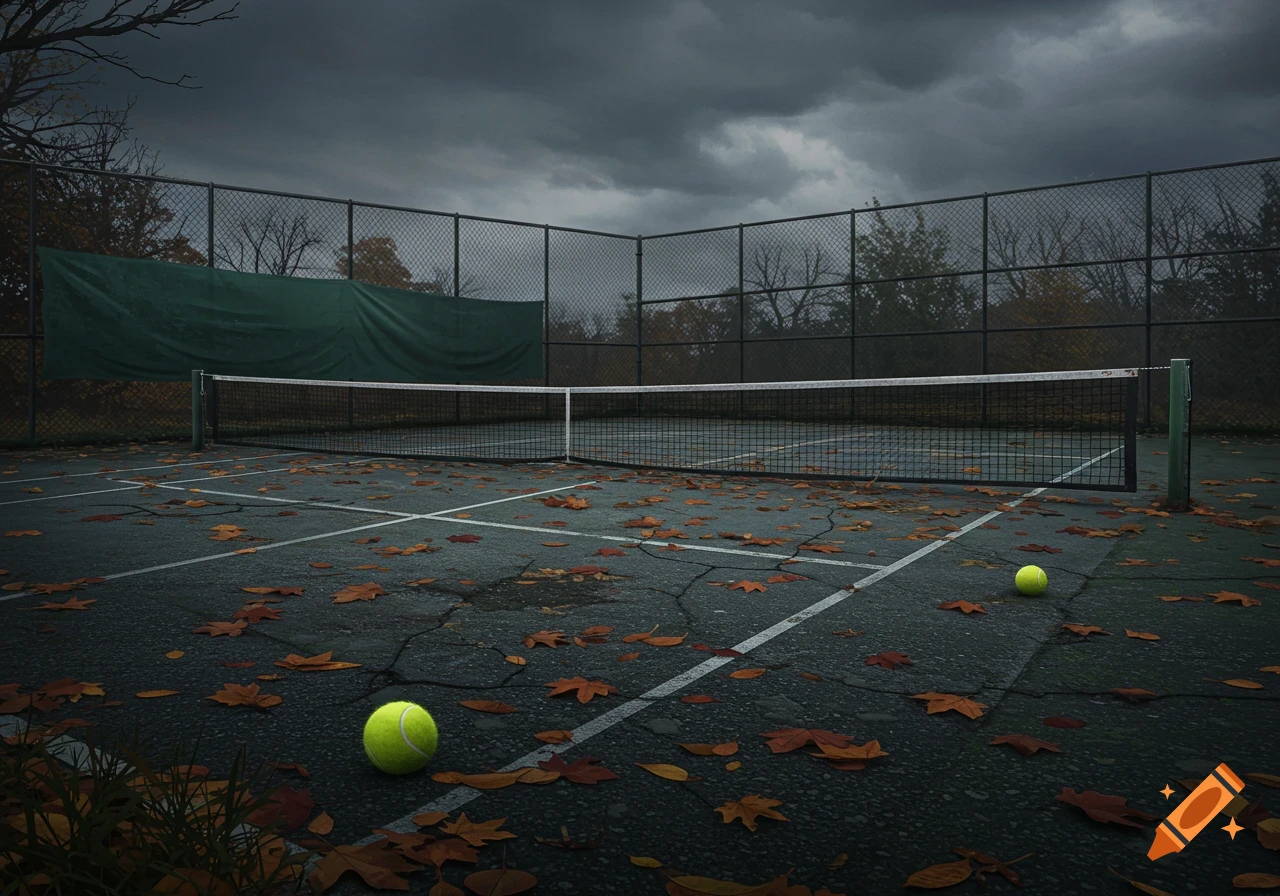 A moody, dark tennis court covered in autumn leaves under a cloudy sky, with two tennis balls.
