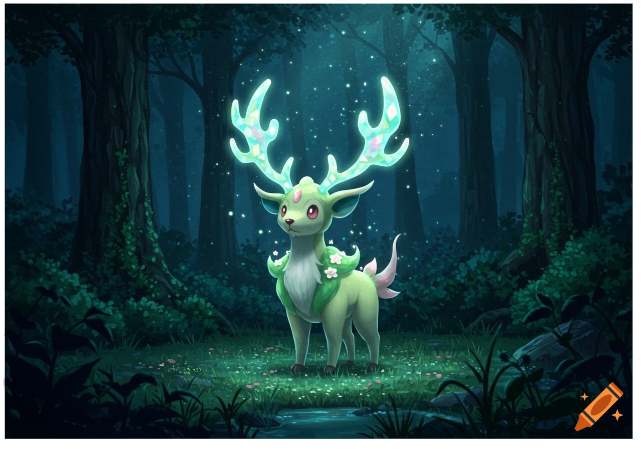 A light-green deer-like fantasy creature with glowing crystalline antlers stands in a dark, magical forest.