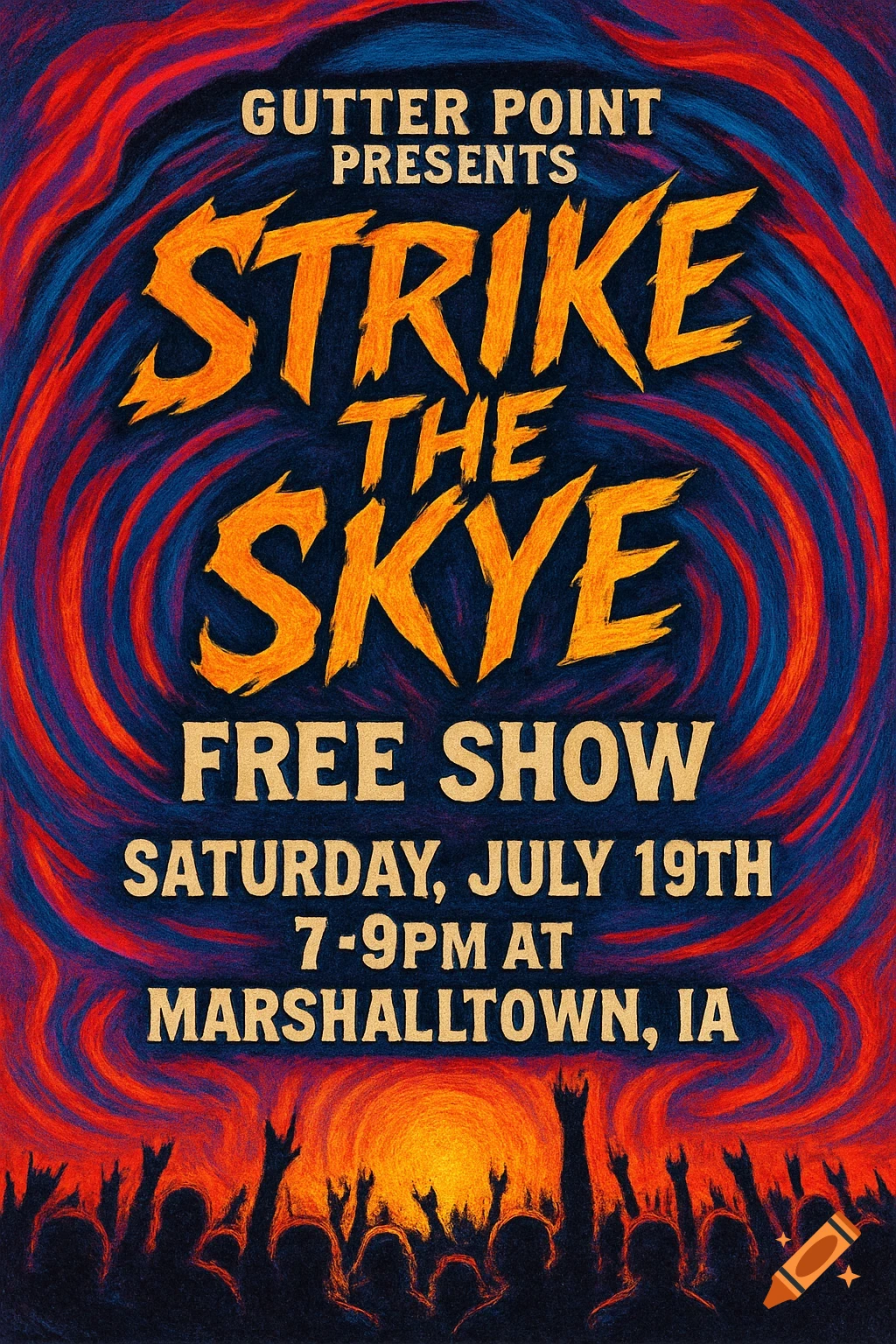 Concert flyer for Strike the Skye and Gutter Point, featuring a silhouetted crowd with raised hands against a vibrant, swirling red and blue background.