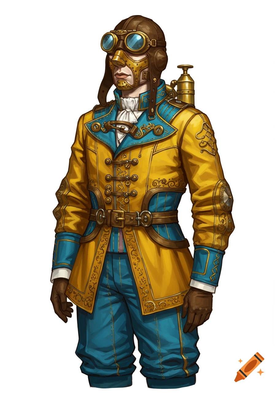 A detailed illustration of a steampunk pilot in a yellow and blue uniform with an aviator helmet, goggles, and a golden mask.