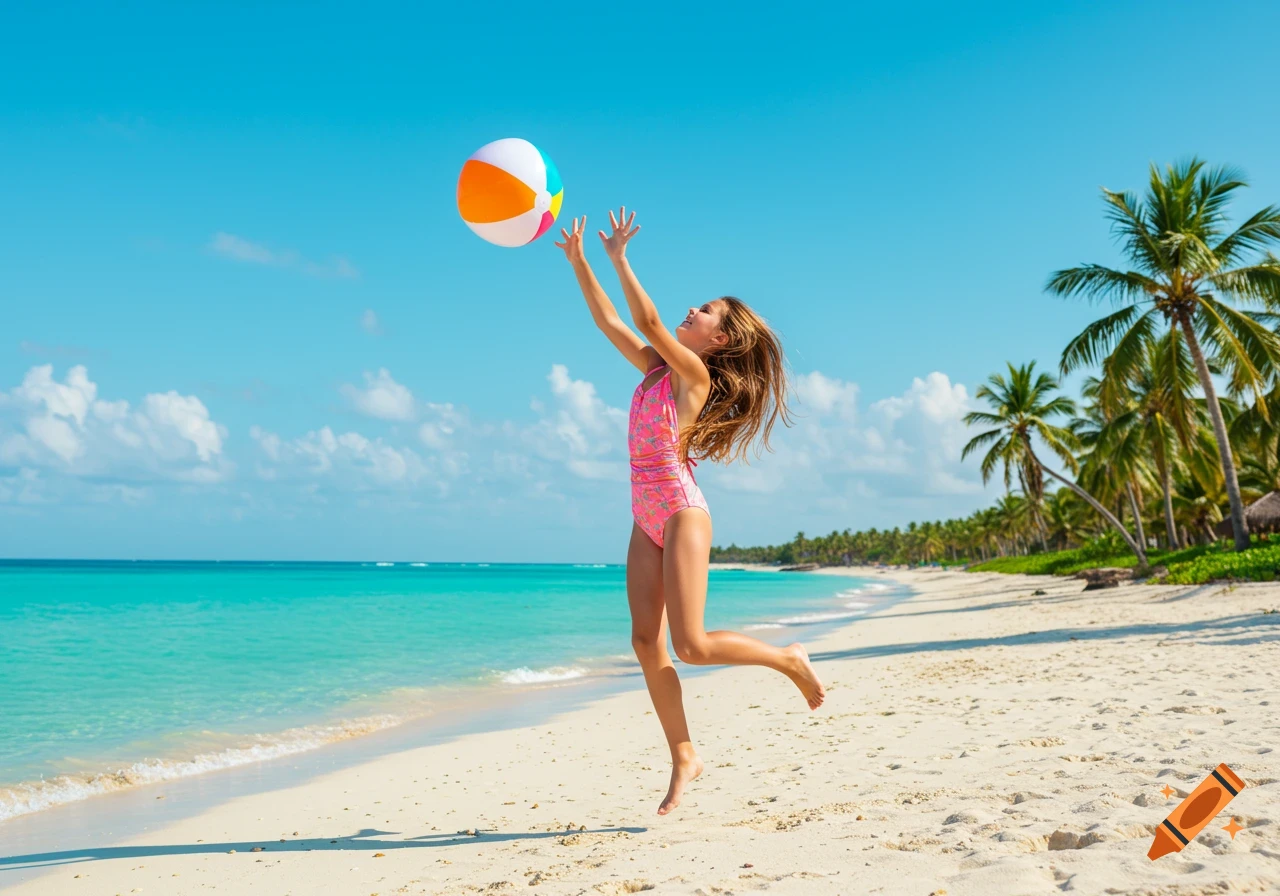 A young girl jumps to hit a colorful beach ball on a sunny tropical beach.