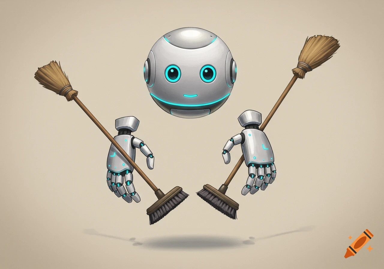 A whimsical illustration of a floating robot head with two disembodied robotic hands holding brooms.