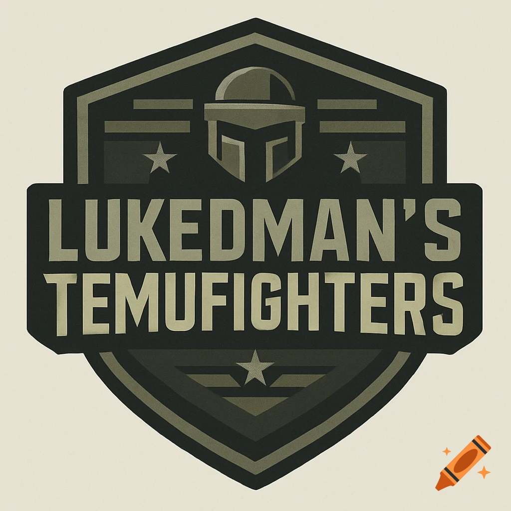 A military-style shield logo with a stylized helmet, stars, and the text 'LUKEDMAN'S TEMUFIGHTERS' in shades of green and black.