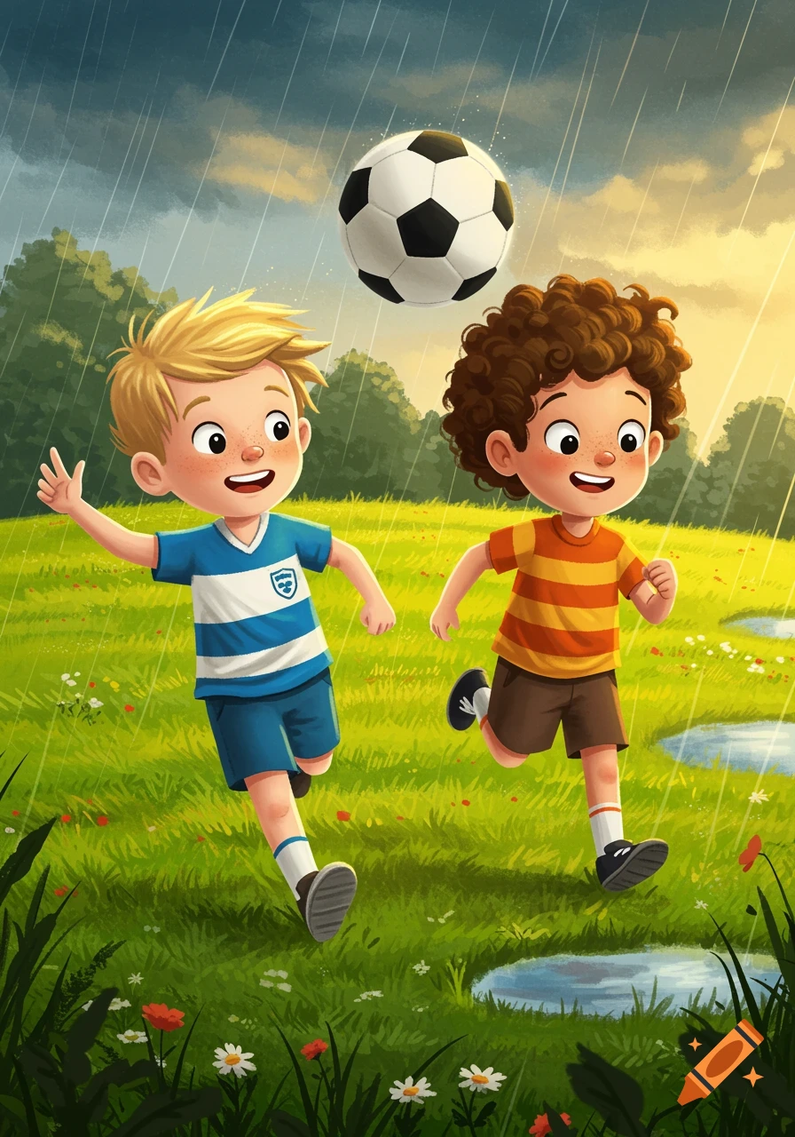 Two cartoon boys smiling and running on a grassy field in the rain, playing with a soccer ball. Stylized illustration.