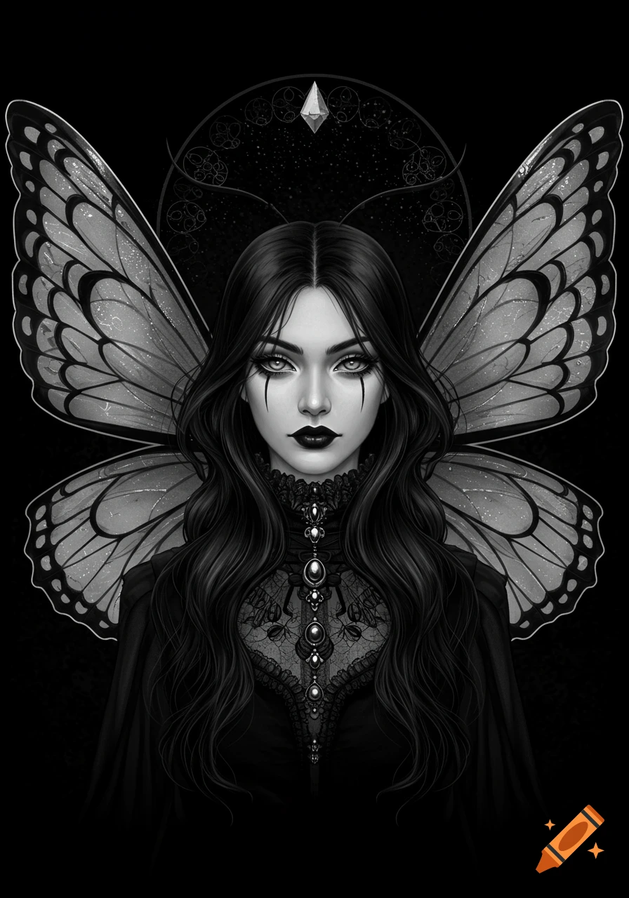 Monochrome illustration of a gothic woman with dark hair, elaborate makeup, and butterfly wings.