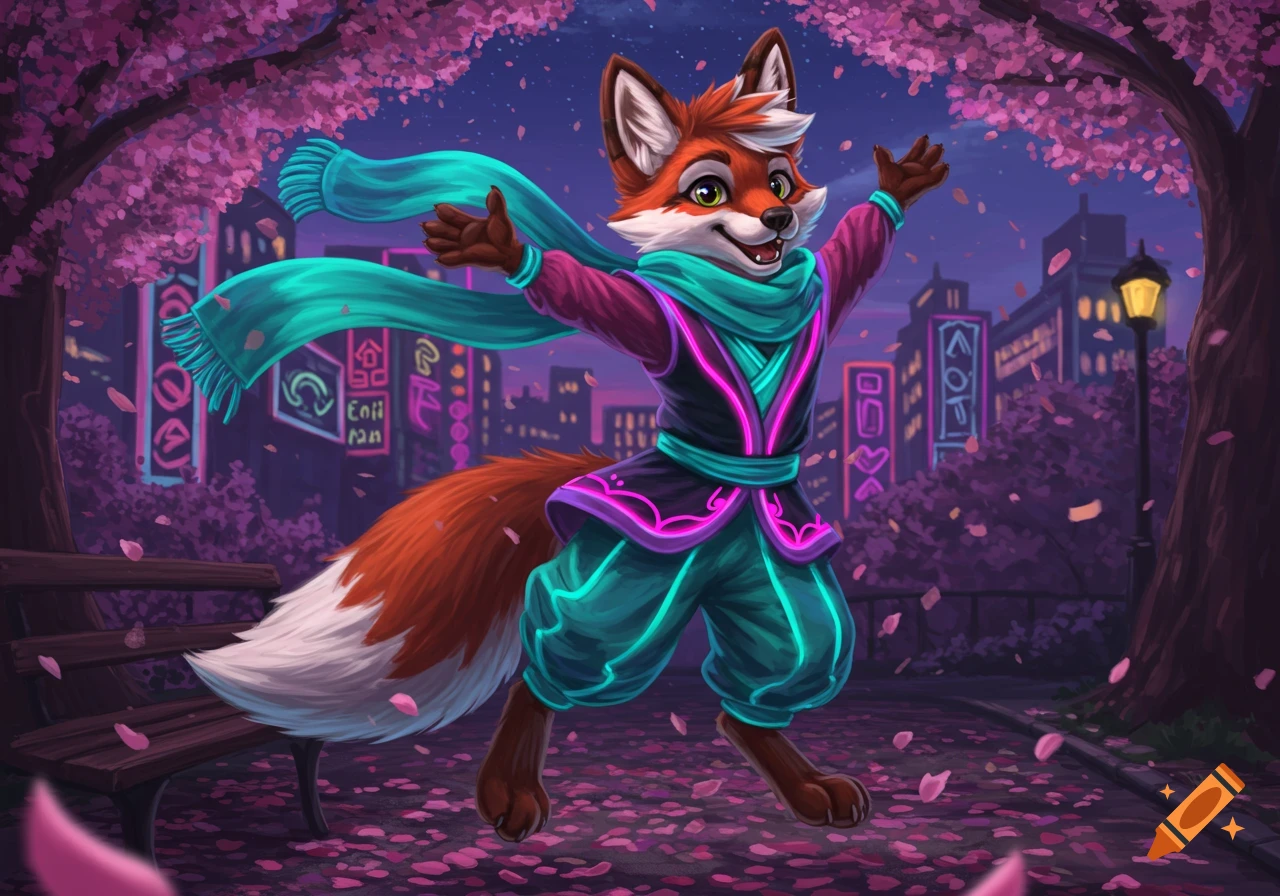 A happy anthropomorphic fox character in a vibrant, futuristic outfit with a teal scarf, posing in a city street at night under pink cherry blossom trees.