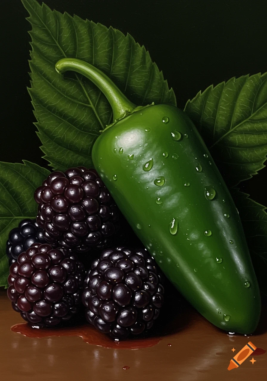 Photorealistic still life of a green jalape o pepper and dark blackberries with water droplets on a brown surface.