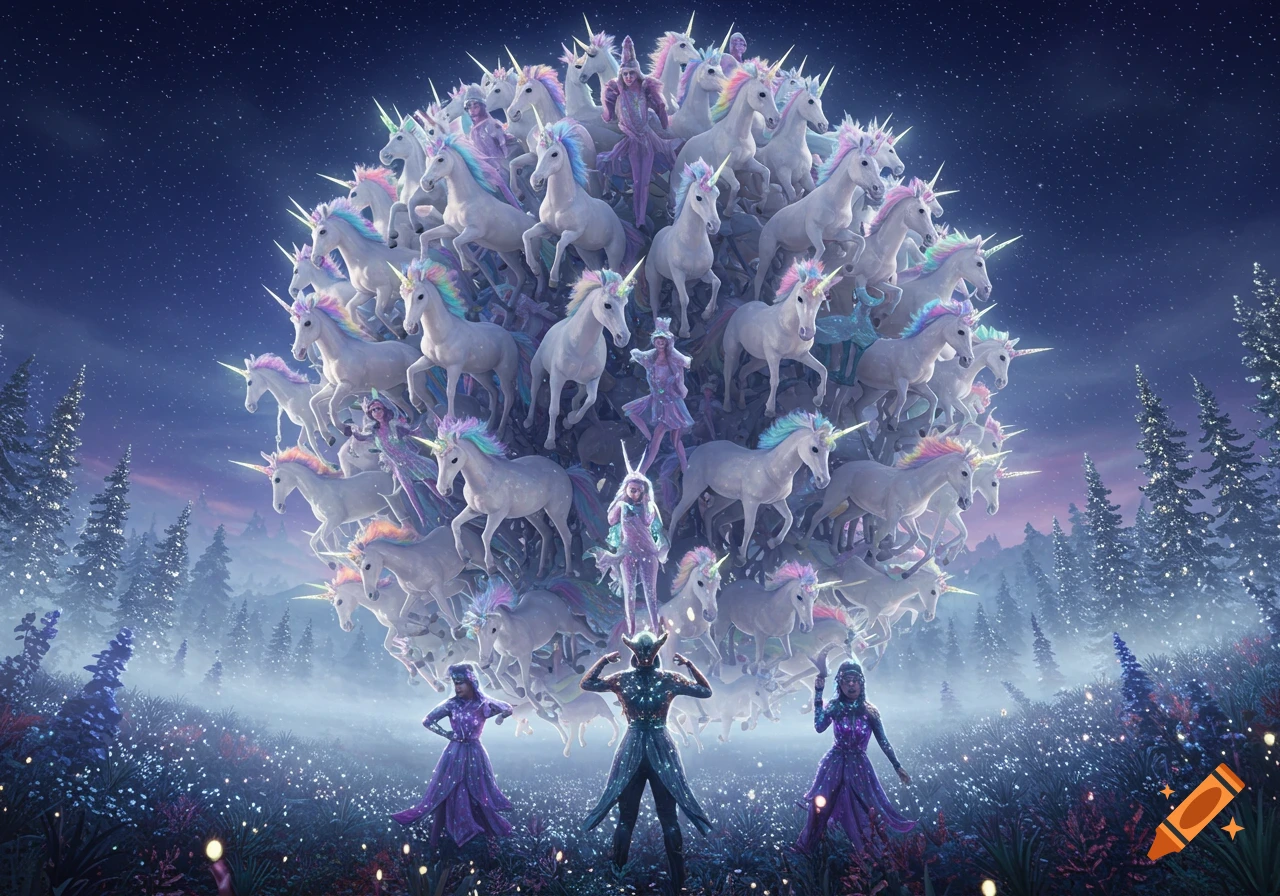 A large sphere of white unicorns and human figures floats above a magical, glowing forest at night.