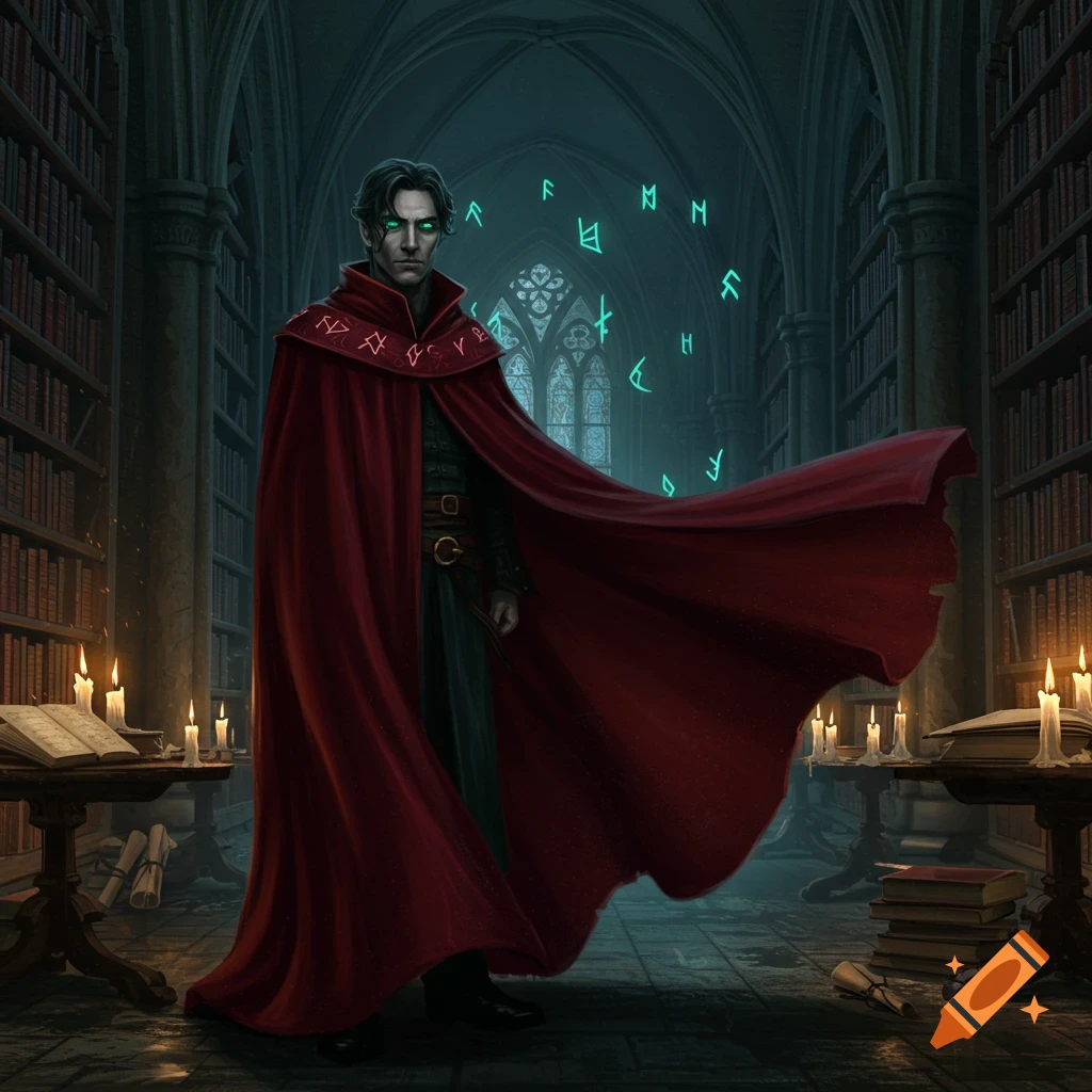 A male wizard in a red cloak stands in a dark, ancient library with glowing runes.