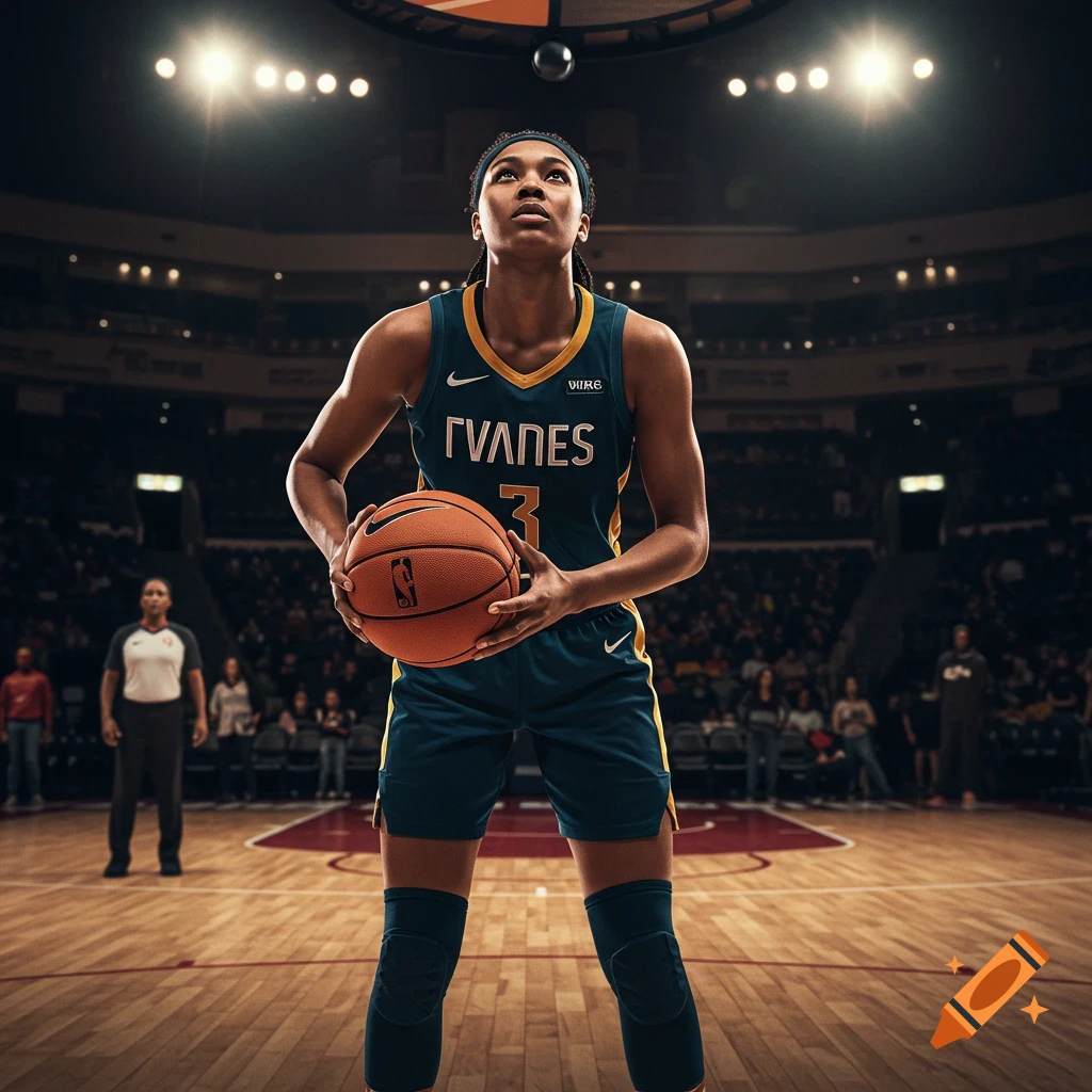 A female basketball player in a teal and gold jersey stands on a court, holding a basketball and looking up under stadium lights.