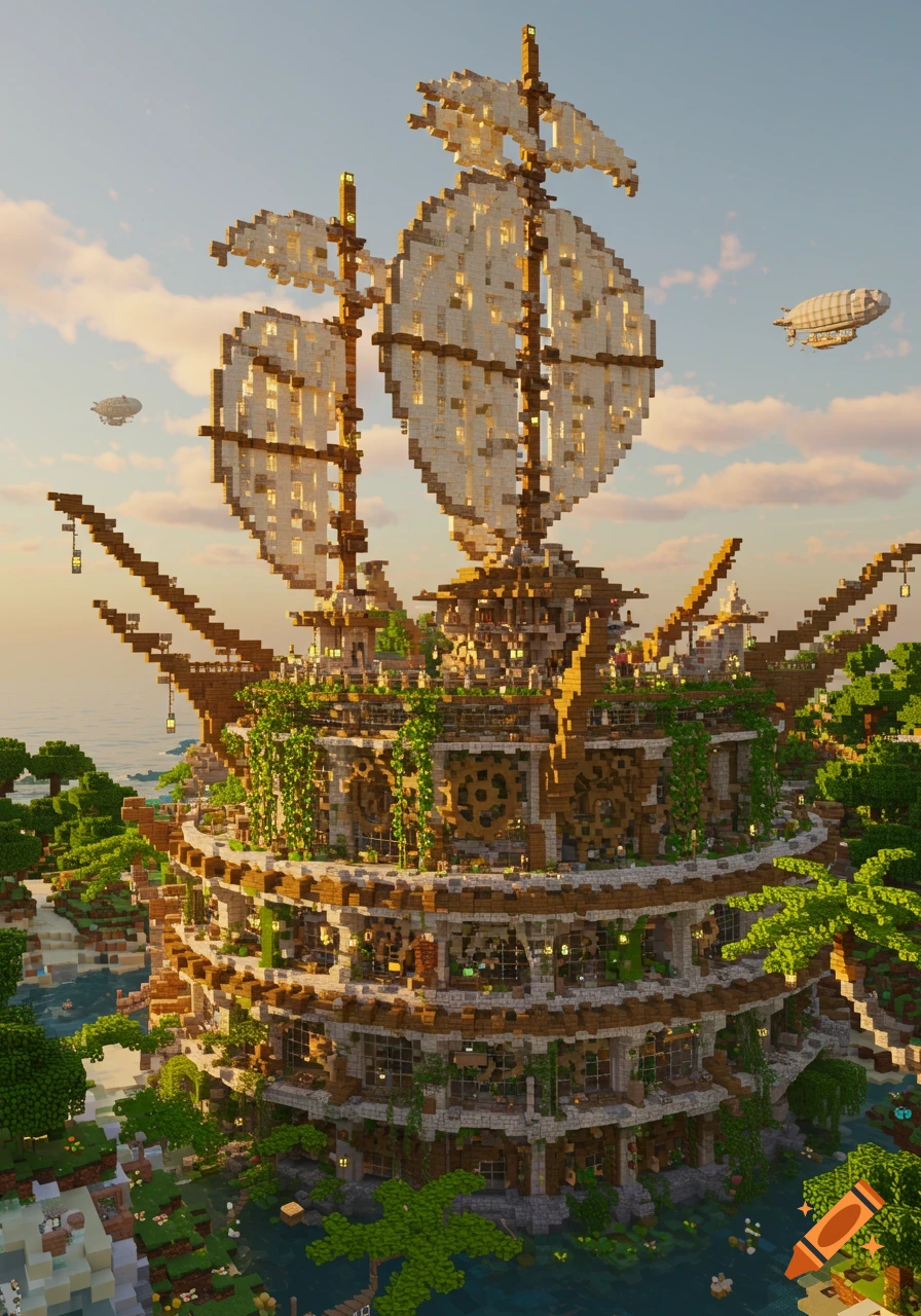 A large, semicircular Minecraft-style tower with sails and lush greenery, surrounded by water and islands, with blimps in the sky.