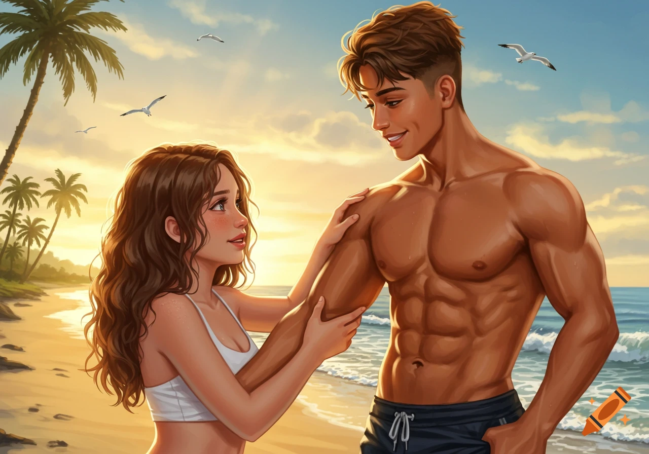 An illustrated teenage couple on a sunny beach at sunset. The girl, in a white top, looks up at the muscular boy, touching his arm.