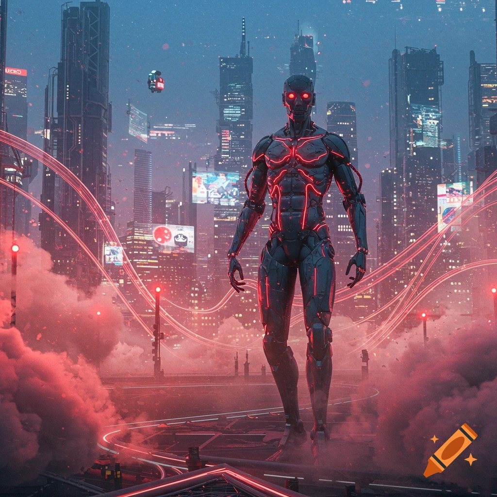 A black humanoid robot with glowing red accents stands in a futuristic, neon-lit city amidst red smoke and light trails.