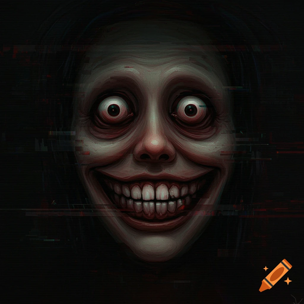 A distorted, pale human face with wide, bulging eyes and a large, unsettling smile, featuring glitch and static effects.
