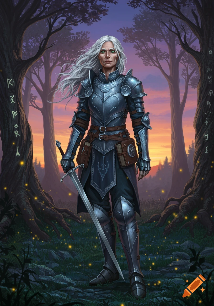 A middle-aged female knight in dark armor with white hair stands in a forest at sunset, holding a sword.