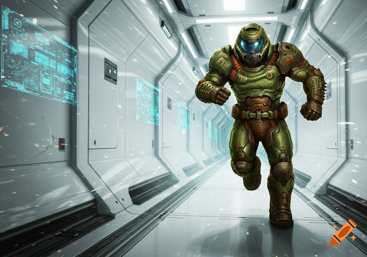 Doomguy in green armor sprints through a futuristic sci-fi hallway.