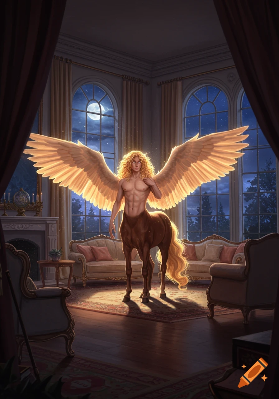 A semi-realistic painting of a winged centaur with golden hair standing in a grand mansion living room at night.