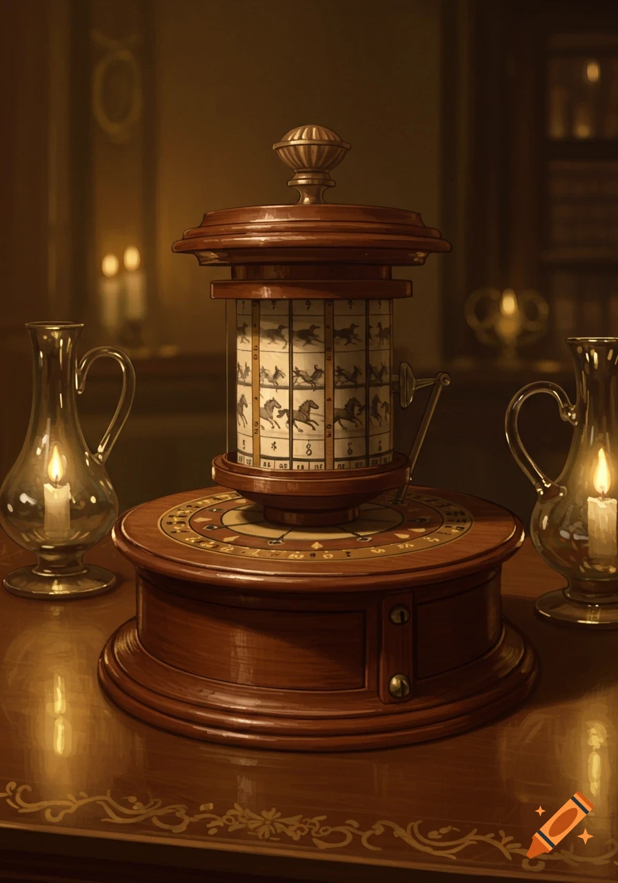 A vintage wooden zoetrope sits on a polished table, flanked by two glass candle holders with lit candles, in a dimly lit room.