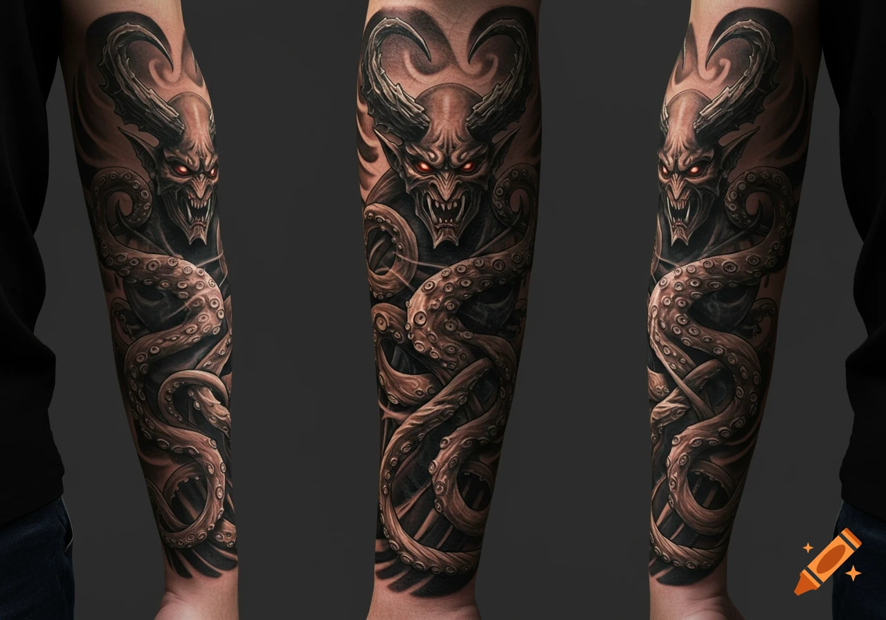 Detailed tattoo on a forearm featuring a horned demon with glowing red eyes surrounded by winding tentacles.