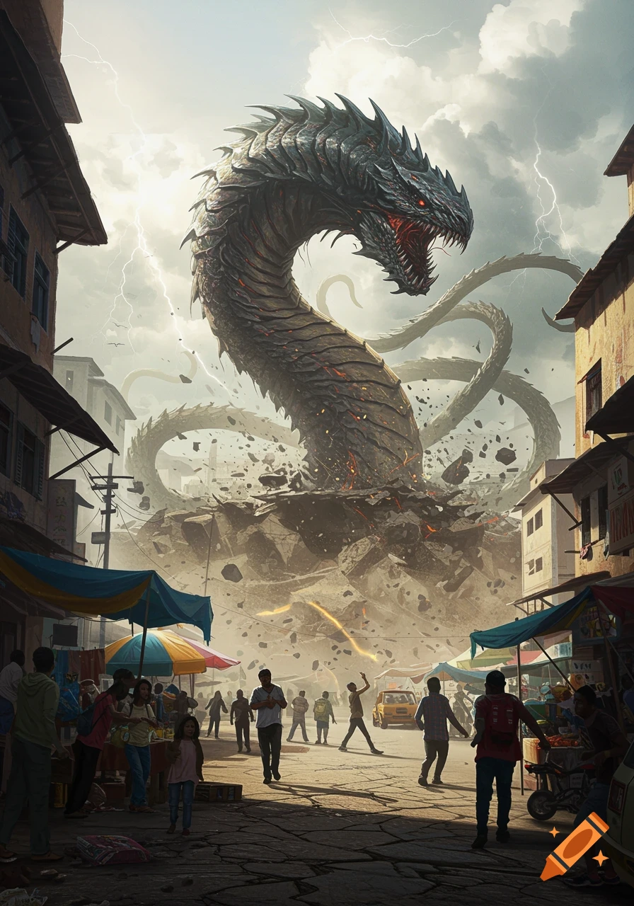 A colossal dragon-like creature emerges from the ground, causing destruction in a bustling city street as people flee under a stormy, lightning-filled sky.