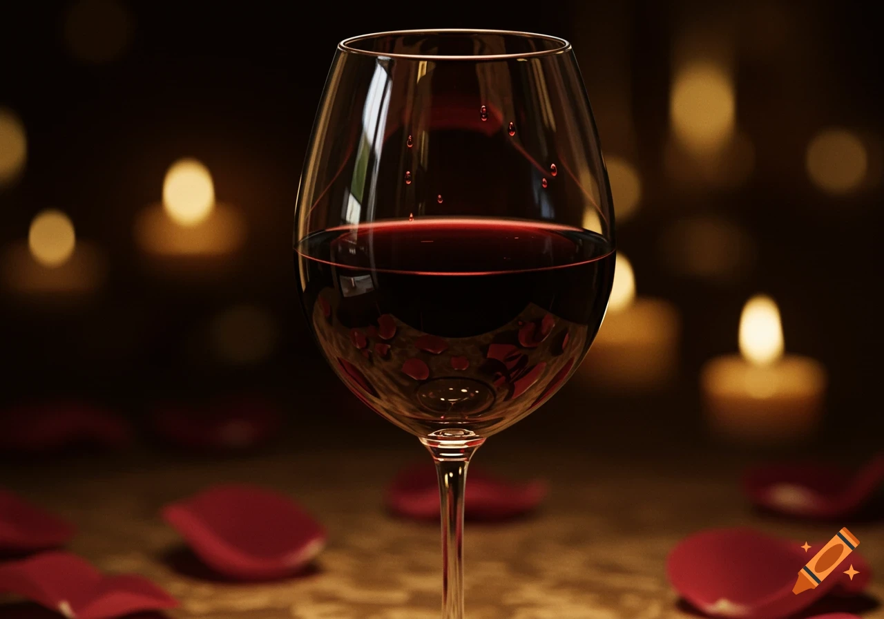 A glass of red wine surrounded by scattered rose petals on a table, with blurred candlelight in the background, photorealistic style.