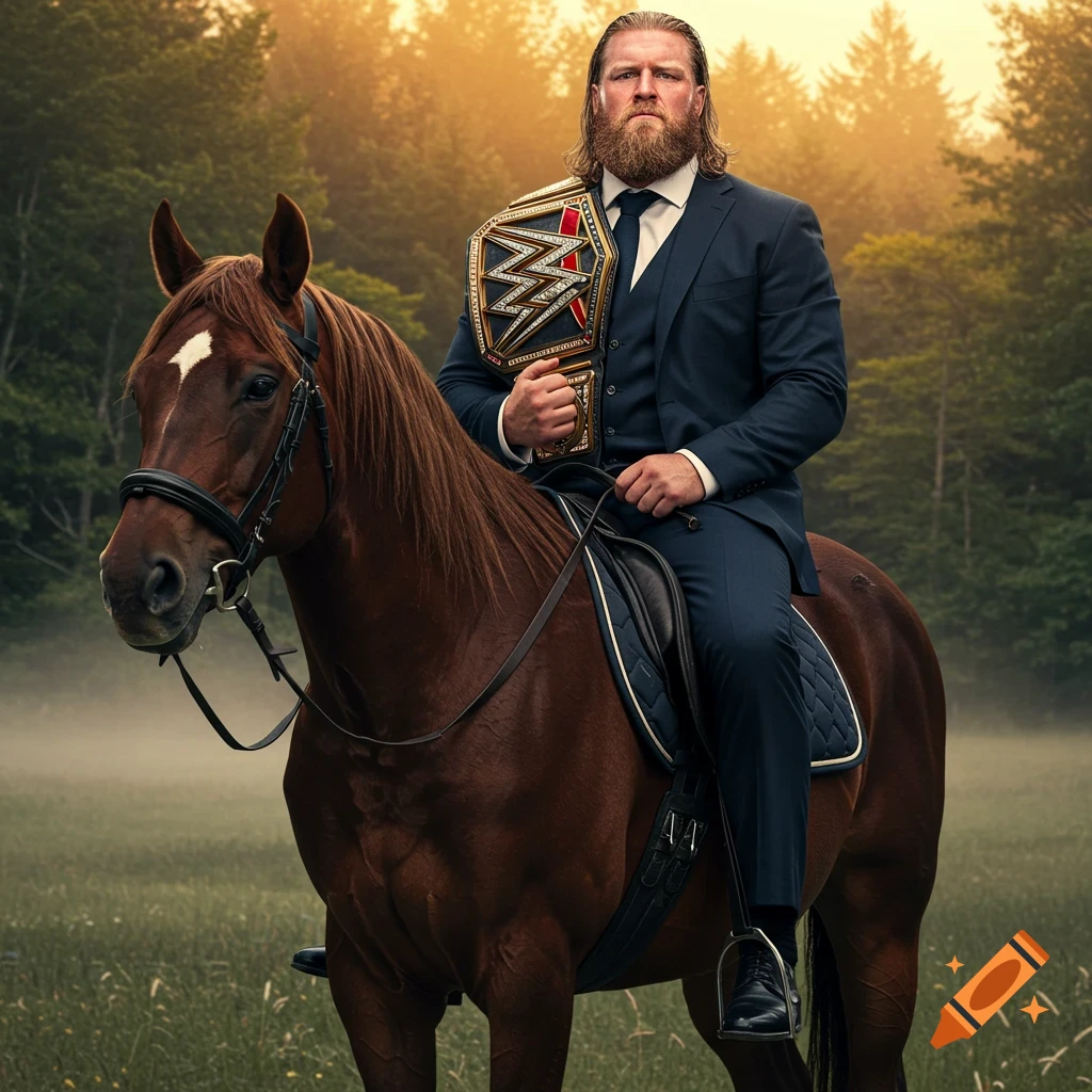 A bearded man in a suit with a wrestling championship belt on his shoulder rides a horse in a sunlit field. Photorealistic.