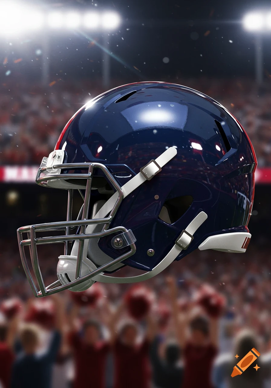 A close-up, side view of a dark blue football helmet with a silver face mask, suspended against a blurred background of a stadium crowd and bright lights.