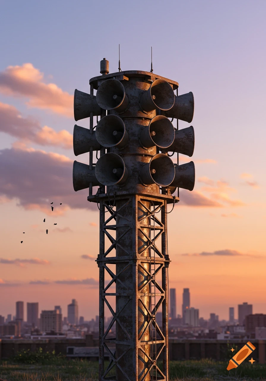 A tall, weathered industrial siren tower stands against a vibrant sunset sky with a city skyline in the background and birds flying nearby.