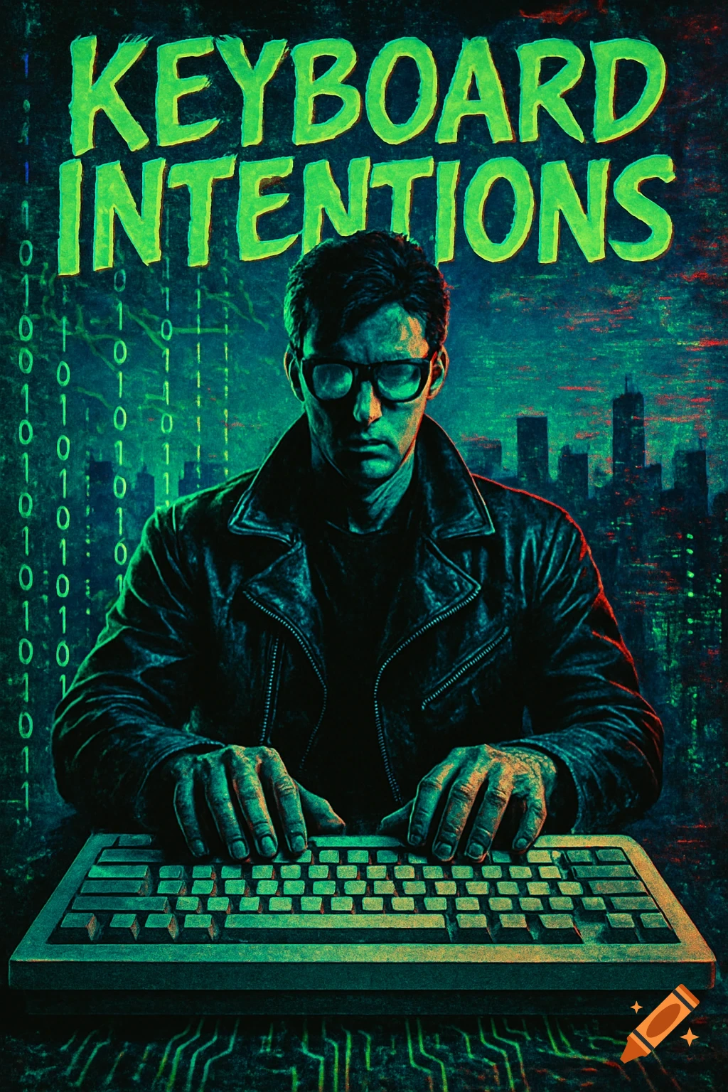 Retro movie poster of a man in glasses and a leather jacket typing on a keyboard, with binary code and a city skyline background. Title reads 'KEYBOARD INTENTIONS'.
